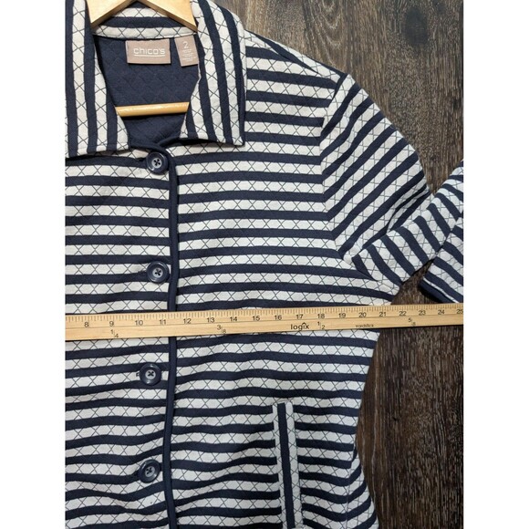 Chico's Jacket Womens Large 2 Blue White Striped Quilted Knit Button Front Piped - Picture 6 of 7